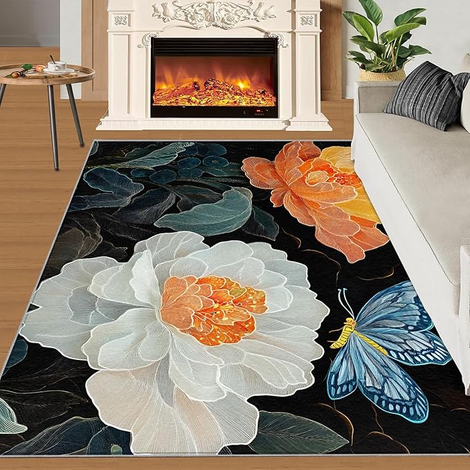 Flowers 5x8 Area Rugs for Living Room Classic Petals Washable Rug Orange-Yellow Flowers Rug Non Slip Low Pile Soft Area Rugs for Bedroom Bedside Dining Room Kids