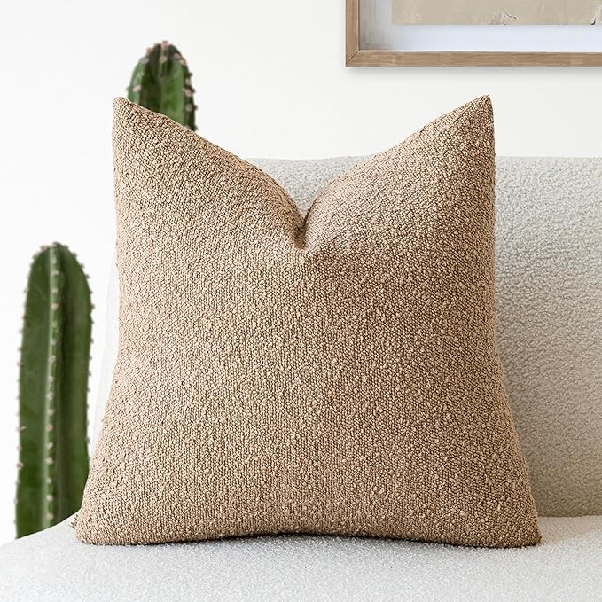 Foindtower Decorative Textured Boucle Throw Pillow Covers Accent Solid Pillow Cases Neutral Soft Cozy Couch Cushion Case for Chair Sofa Bedroom Living Room Home Decor 26 x 26 Inch,Taupe Khaki Camel