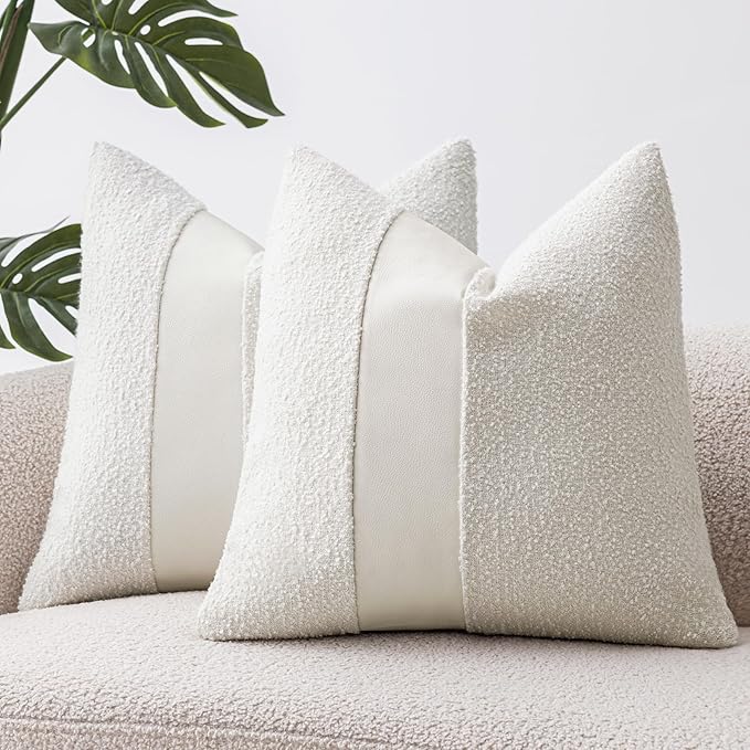 24"x24" White Boucle Pillow Covers with Faux Leather Accents Set of 2 Fluffy Textured Decorative Throw Pillow Cases for Couch Bed Boho Farmhouse Square Cushion Covers for Home Décor