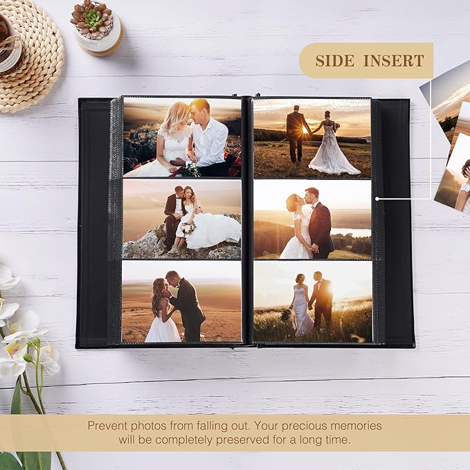 potricher Small Photo Album 4x6 300 Photos Leather Cover Picture Book with 300 Horizontal Pockets for Family Wedding Anniversary and Baby (Black)