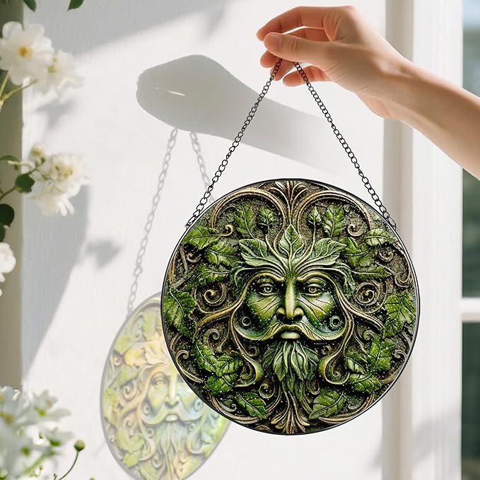 Green Man Stained Glass Suncatcher, Stained Glass Window Hanging, 8 Inch Window Decor Hanging, Gift for Garden Lovers, Fathers Day Birthday Gifts for Dad Grandpa Man Bother Husband Lover