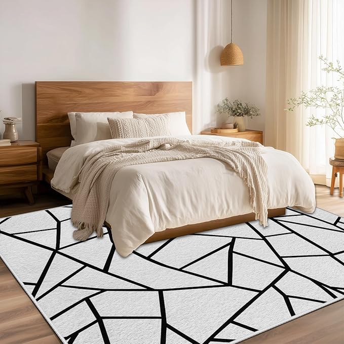 Black and White Rug, Area Rugs 5x7, Modern Abstract White and Black Rug, Geometric Rugs for Living Room Bedroom, Irregular Polygon Carpet Washable Non Slip Home Decor