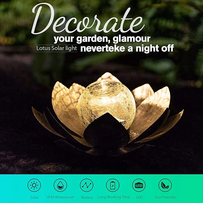 Huaxu Solar Lights Outdoor Garden, Crackle Globe Glass Lotus Decor, Waterproof LED Metal Flower Decorations for Patio,Lawn,Walkway,Tabletop,Ground