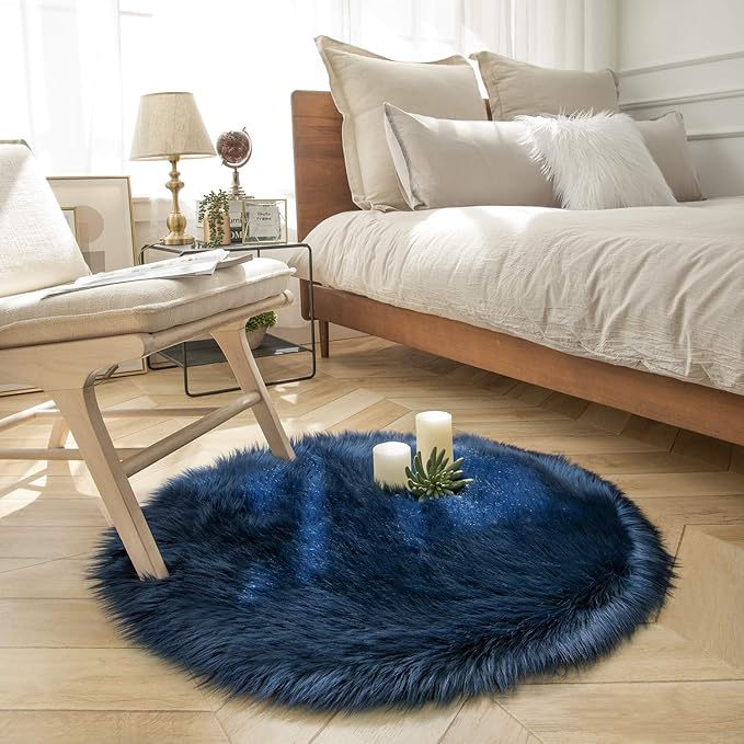 Ashler Faux Fur Rug - Fluffy Shaggy Area Rug, Ultra Soft 3 x 3 Feet Round, Navy Blue Fuzzy Machine Washable Shag, Nursery Decor Throw for Bedroom, Kids Room, Living Room