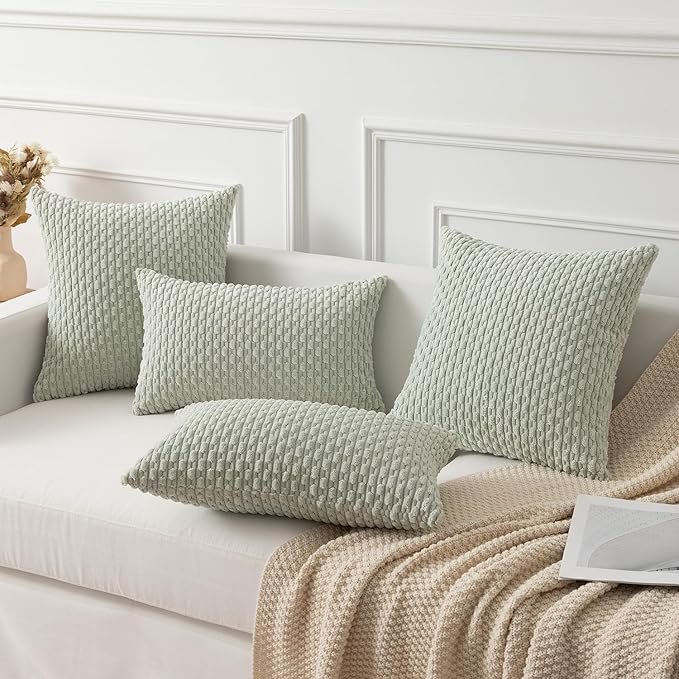 Kevin Textile 2 Packs Light Green Decorative Throw Pillow Covers 18x18 Inch for Living Room Couch Bed Spring Sofa Soft Striped Corduroy Square Cushion Case 45x45 cm Rustic Farmhouse Boho Home Decor
