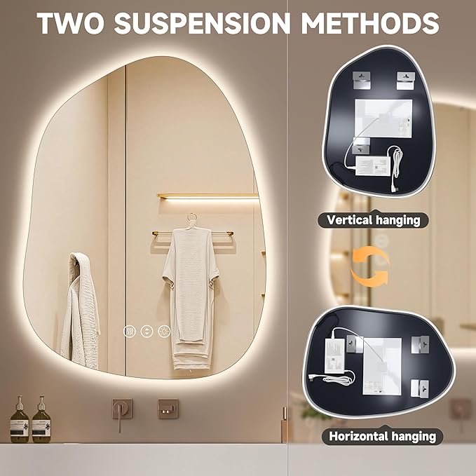 Hasipu Irregular Wall Mirror with Lights- 27"x20"Smart Vanity Mirror with Anti-Fog, 3 Color Modes,Dimmable Light, Memory Function, Backlit Wall Mount, Horizontal/Vertical