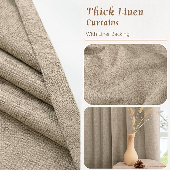 LAMIT Natural 100% Blackout Linen Curtains, 45 Inches Linen Textured Thermal Bedroom Curtains Back Tab and Rod Pocket Neutral Panels with White Liner for Farmhouse, 2 Panels, 38 x 45 Inch, Taupe