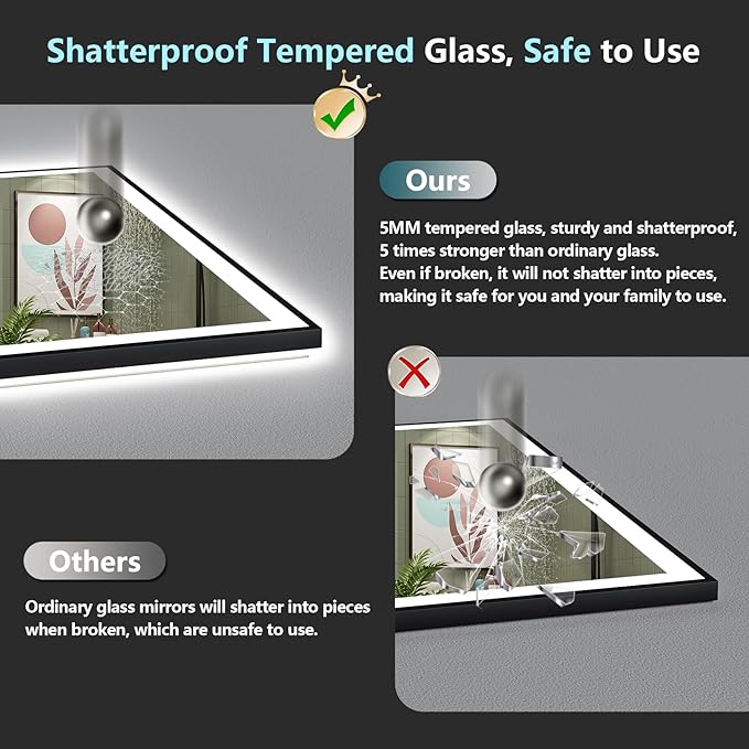 44x30 Black Framed LED Bathroom Mirror with Lights, Backlit + Front Lit, Anti-Fog Lighted Vanity Mirror for Bathroom Wall with 3 Colors, Dimmable, Memory, Tempered Glass, Horizontal/Vertical