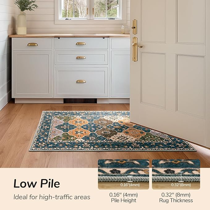 Lessymo Moroccan Washable Rugs for Entryway, Faux Wool 2x3 Small Area Rug for Kitchen Bathroom Corridor - Non-Slip Indoor Door Mat Low Plie Stain Resistant Boho Runner Rug, Olive Green and Gold