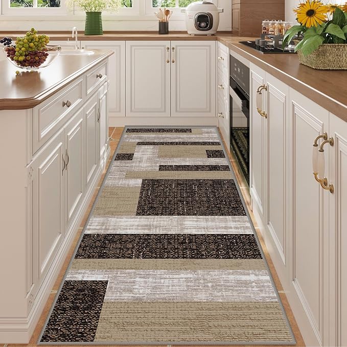 Modern Geometric Patchwork Long Hallway Rug Runners, 3.3x7ft, Neutral Brown Geometry Aesthetic Entrance Carpet, Absorbent Washable Foldable No Crease High Traffic Mat for Laundryroom