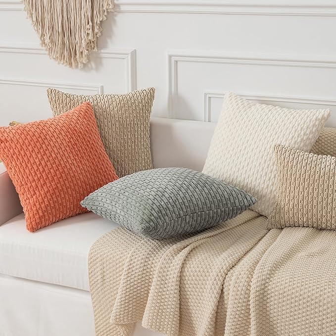 Kevin Textile Throw Pillow Covers Soft Corduroy Decorative Set of 2 Boho Striped Pillow Covers Pillowcases Farmhouse Home Decor for Couch Bed Sofa Living Room 18x18 Inch Beige