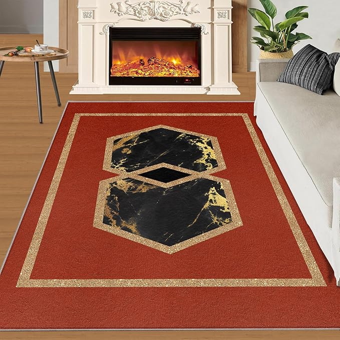 Abstract Marble Area Rugs Golden Hexagon Geometric Rug Vintage Red Marble Carpet European Medieval Geometry Carpet Mat for Bedroom Living Room 5x6ft