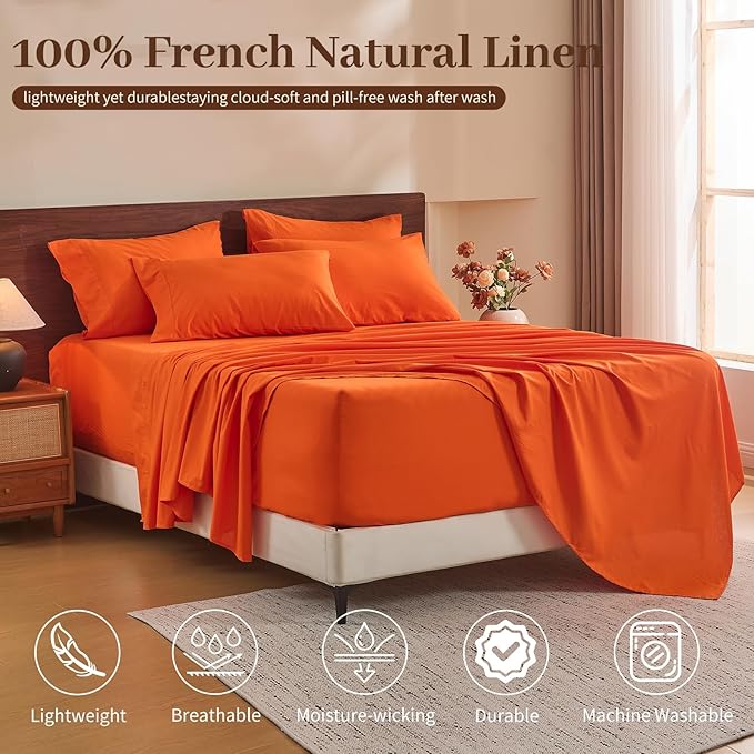 MEISHANG 100% French Pure Linen Sheets California King Size - Extra Deep Pocket Sheet Set, Soft Durable Flax Linen, Anti-Tear Breathable & Oeko-Tex Certified 18-24 Deep Pocket,All Season(Orange)