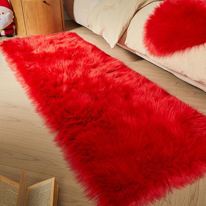 AMTOVO Faux Fur Rug, Red Ultra Soft Fluffy Shag Sheepskin Rug, 2 x 6 ft Runner Area Rugs for Bedroom Sofa Throw Cushion Room Decor, Rectangle