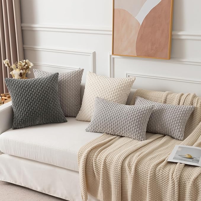 Kevin Textile 2 Packs Dark Grey Decorative Throw Pillow Covers 26x26 Inch for Living Room Couch Bed Sofa Rustic Farmhouse Boho Home Decor Soft Striped Corduroy Square Cushion Case 66x66 cm