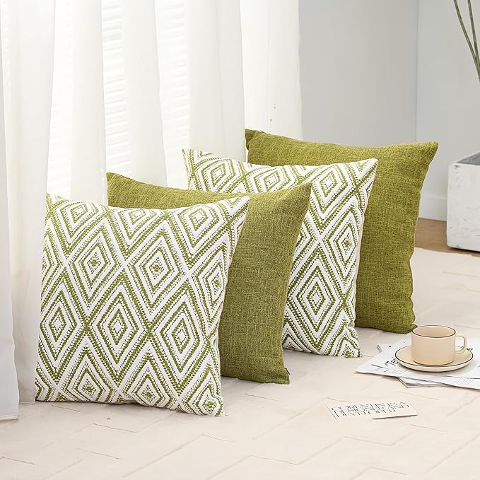 HPUK Decorative Throw Pillow Covers Set of 4 Geometric Design Linen Cushion Cover for Couch Sofa Living Room, 18"x18" inches, Green