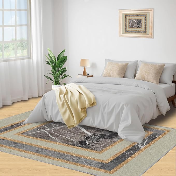 Light Luxury Marble Area Rugs Gilded Stripe Geometry Area Carpet Abstract Marble Texture Rug Stone Crack Carpet for Living Room Study Bedroom 6x9ft