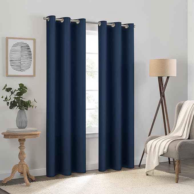 Eclipse Kendall Solid Textured Blackout Thermal Insulated Lining Grommet Window Curtain for Bedroom (1 Panel), 42 in x 84 in, Denim