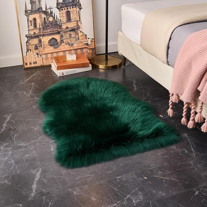 EasyJoy Ultra Soft Fluffy Shaggy Area Rug Faux Fur Rug Chair Cover Seat Pad Fuzzy Area Rug for Bedroom Floor Sofa Living Room (2 x 3 ft Sheepskin, Dark Green)
