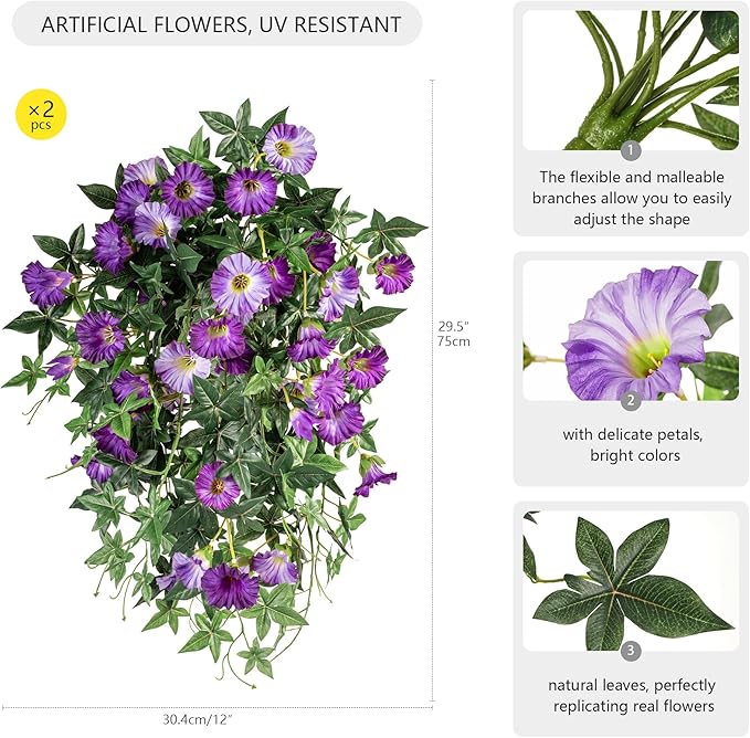 Artificial Flowers Artificial Petunias for Outdoors 2PCS Artificial Hanging Plants Outdoor Silk Flowers with Stems Outdoor Flowers Uv Resistant for Porch Decor Terrace Decor（Purple）Without Pot