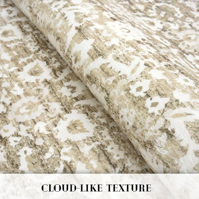 Vintage Floral 2x7 Runner Rug, Beige Tan White Washable Kitchen Runner Rug Non-Slip Hallway Rug Runner Super Soft Thin Printed Faux Wool Carpet for Entryway Bedroom Laundry Room Indoor