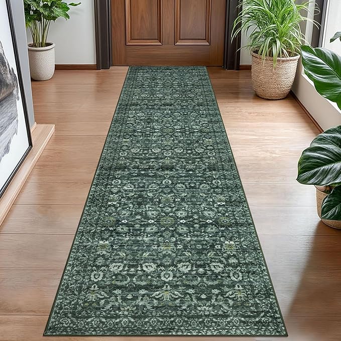 Hallway Runner Rug, Dark Green Washable Runner Rug 2x8 Vintage Floral Kitchen Rug Runner Non Slip Boho Thin Printed Faux Wool Super Soft Carpet for Entryway Bedroom Laundry Room Indoor
