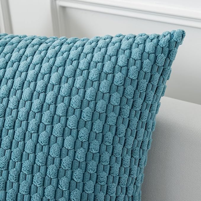 Kevin Textile Throw Pillow Covers Soft Corduroy Decorative Set of 2 Boho Striped Pillow Covers Pillowcases Farmhouse Home Decor for Couch Bed Sofa Living Room 16x16 Inch Light Blue