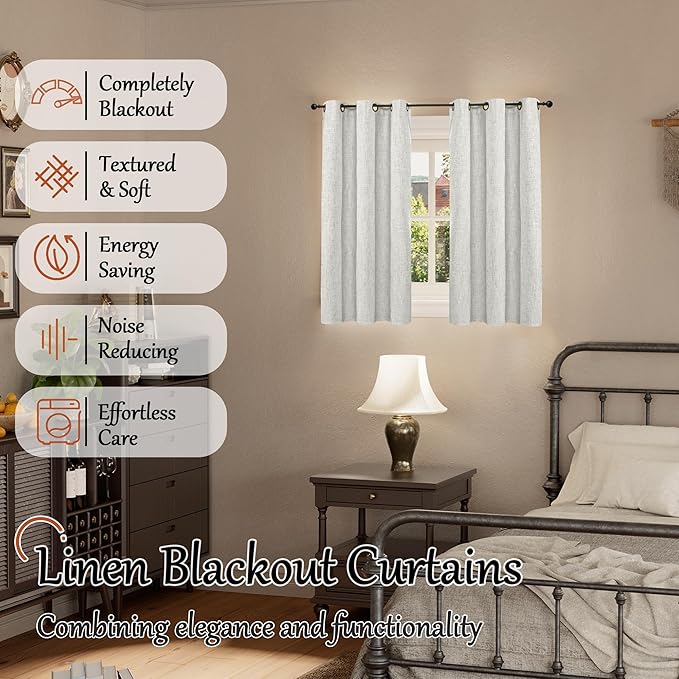 Lajode 45 Inch Length Linen Blackout Curtains for Short Cafe Window, Thermal Insulated Light Blocking Soundproof Privacy Burlap Curtains 2 Panels, Each 38 Inch Wide Light Grey