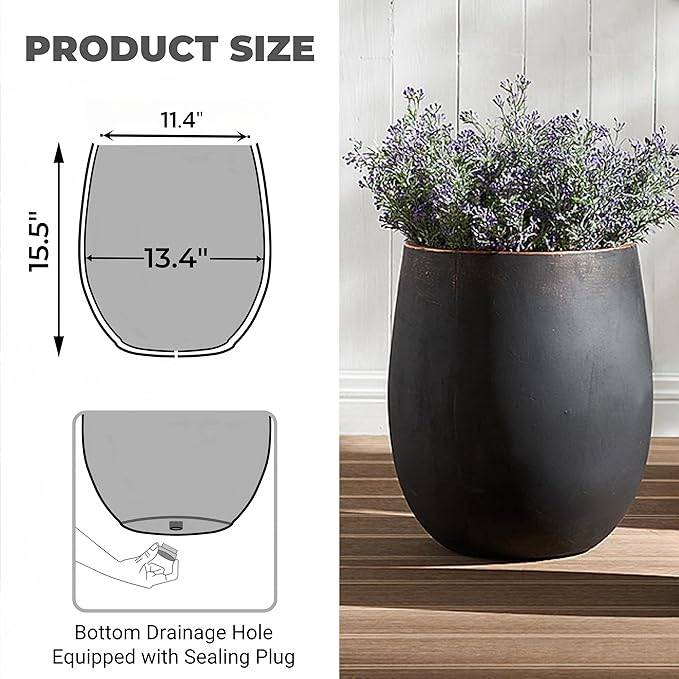 Wallowa 15.5" H Outdoor Concrete Planter, Round Flower Pot with Drainage Hole and Silicone Plug, Plant Container for Garden, Patio, Home, Office, Black, Copper Rim, 1 Pack