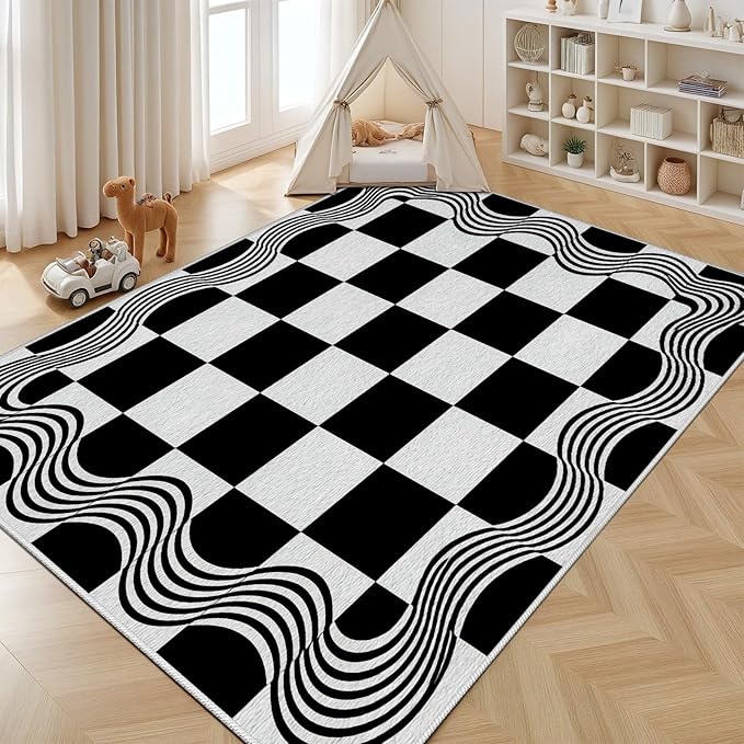 Checkered Area Rug, Checkerboard Rug, Geometric Plaid Washable Rugs 3x4, Modern Checkered Area Rugs, Wavy Line Carpet Non Slip for Bedroom Retro Home Decor Door Mat