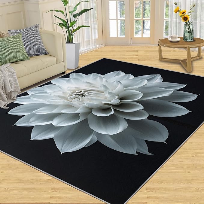 Petals Washable Area Rugs 4x6 Non-Slip Dahlia Living Room Rug White Flower Soft for Carpet Low Pile Indoor Door Mat & Room Decor