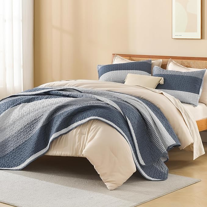 Litanika California King Quilt Set Navy Blue, Stripe Bedspread Coverlet 3 Pieces, Lightweight Quilted Bedding Set for All Season(1 Quilt, 2 Pillowcases)