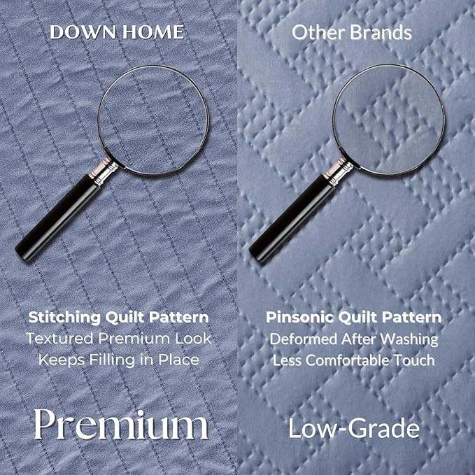 DOWN HOME Cali King Quilt Bedding Set with Shams, Vintage Washed Quilted Blanket Thin Comforter Lightweight Bedspread Coverlet Bed Cover, Brushed Microfiber Stripe Stitching, Vintage Denim, 111"x92"