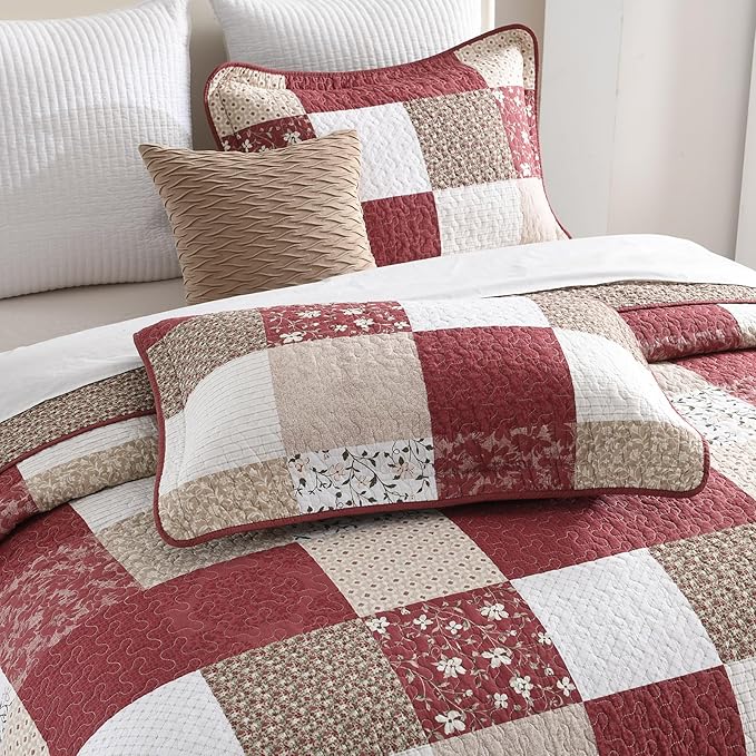 100% Cotton Oversized Queen Bedspread 102"x120" - Lightweight French Vintage Country Quilt - 3 Piece Bedspreads Coverlet Set - Reversible Plaid Floral Geometric Bedding in Burgundy/Beige/Taupe/White