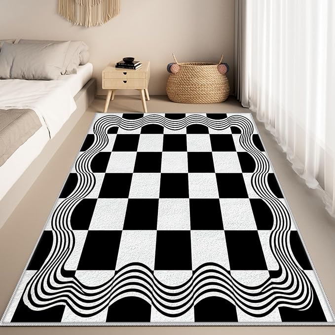 Checkered Area Rug, Checkerboard Rug, Geometric Plaid Washable Rugs 2x3, Modern Checkered Area Rugs, Wavy Line Carpet Non Slip for Bedroom Retro Home Decor Door Mat