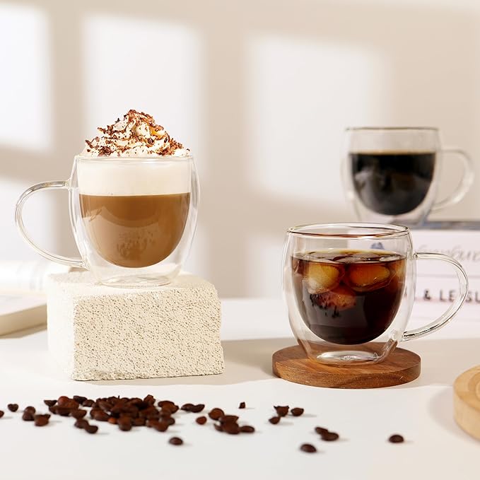 CNGLASS 12oz(4-pack) Double Walled Glass Coffee Mugs,Insulated Glass Mugs with Handle,Clear Espresso Cups for Latte,Cappuccino,Tea Bag