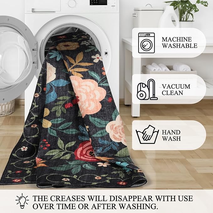 DUKINO 2x4 Rug for Entryway, Washable Kitchen Floral Runner Rug with Non Slip Backing, Low Pile Soft Boho Carpet for Kitchen, Hallway, Entryway, Laundry, Bedroom, Black