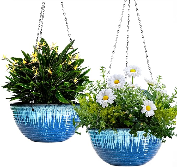 12 inch Large Hanging Planters for Indoor Outdoor Plants, Set of 2 Glazed Hanging Flower Pots with Drainage Hole, Hanging Baskets for Garden Home Porch Decor