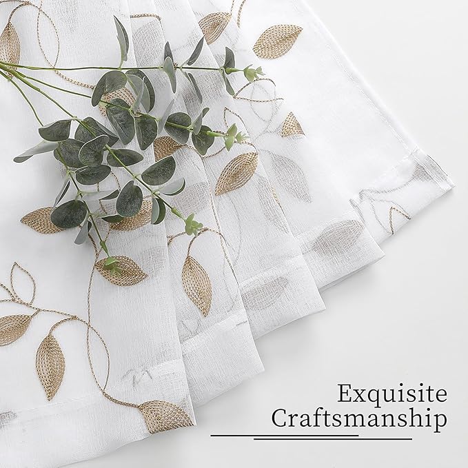 Tollpiz Taupe Leaf Sheer Curtain Leaves Embroidered Living Room Curtains Rod Pocket Voile Window Treatment for Bedroom, 54 x 72 inches Long, Set of 2 Panels