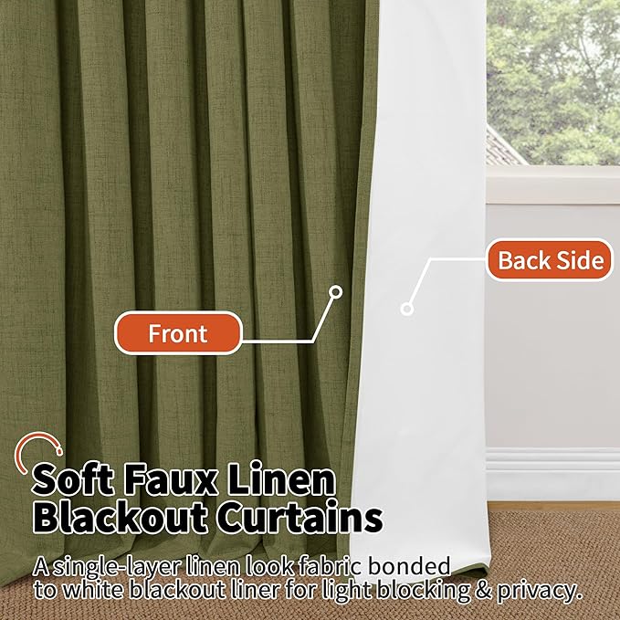 Lajode 100% Linen Blackout Curtains for Bedroom Living Room 45 Inch Long 2 Panels, Thermal Insulated Light Blocking Soundproof Curtains, Noise Reducing Window Drapes 52x45 Inch 2 Panels, Olive Green