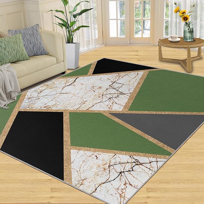 Jadeite Marble Area Rugs 3D Black Gold Marble Rug Light Luxury Geometric Line Carpet Mid-Century Simple Rug Stone Cracks Rugs for Living Room Bedroom 8x10ft