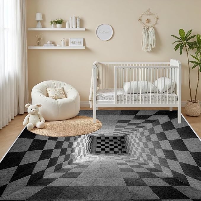 3D Rug 5x7, Plaid Soft Ultra Soft Faux Wool Low Pile Optical Illusion Rug, Indoor Floor Mats Abstract Geometric Carpet, Non-Slip Stain Resistant Washable Rugs, Modern Gray Rugs for Living Room