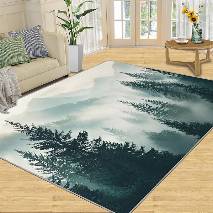 Misty Forest 4x6 Area Rug Natural Landscape Washable Rugs for Living Room Bedroom, Green Woods Soft Low Pile Non Slip Accent Floor Mat Print Throw Rug Indoor Carpet Dining Room Playroom