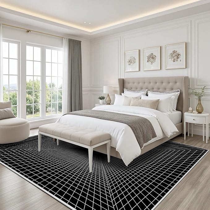 Optical Illusion Rug - Washable Rugs 8x10, Abstract Geometric Lines Soft Neutral Indoor Floor Mats Plaid Carpet, Non-Slip Stain Resistant Modern Black Rug for Bedroom, Living Room Rugs