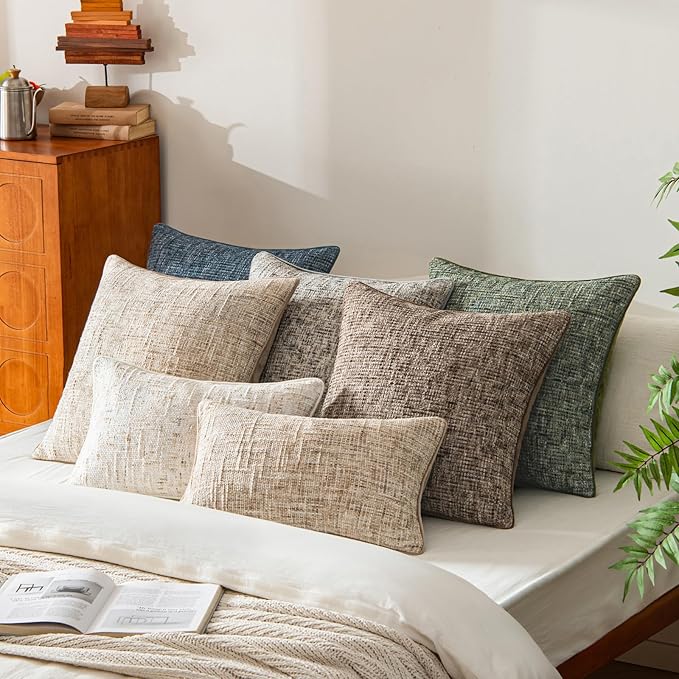 a moment Blue Reversible Pillow Covers 2 Pack - Farmhouse Chenille Throw Pillows, Neutral Textured Decorative Throw Pillow Covers with Border for Couch Sofa Bed (20x20 Inch, No Insert)