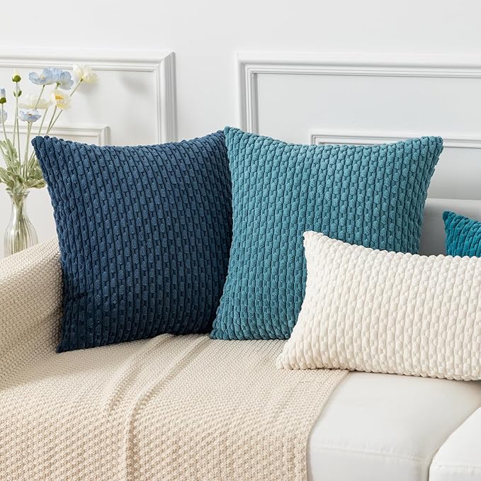 Kevin Textile Throw Pillow Covers Soft Corduroy Decorative Set of 2 Boho Striped Pillow Covers Pillowcases Farmhouse Home Decor for Couch Bed Sofa Living Room 16x16 Inch Light Blue