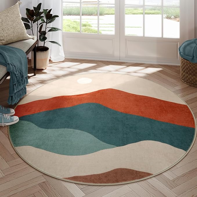 Mountain Round Rugs 6ft, Large Non Slip Circle Rug for Living Room Washable Boho Sunrise Sunset Bedroom Rug, Colorful Stain Resistant Round Carpet for Dining Room Nursery