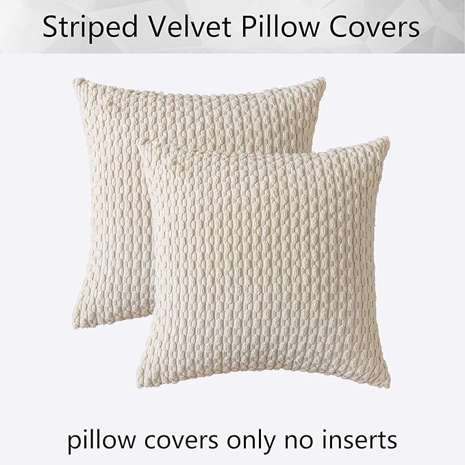 Kevin Textile Pillow Covers Decorative Set of 2 Striped Corduroy Plush Velvet Christma Pillowcases Cushion Cover for Couch 16x16 Inch Cream