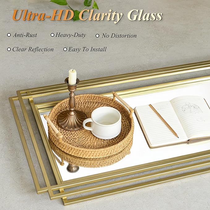 Modern Rectangle Mirror, 42"x16" Geometric Art Deco Mirror with Metal Frame, Gold Elegant Mirrors for Living Room Bedroom Bathroom Entryway Hallway, Hangs Vertically or Horizontally