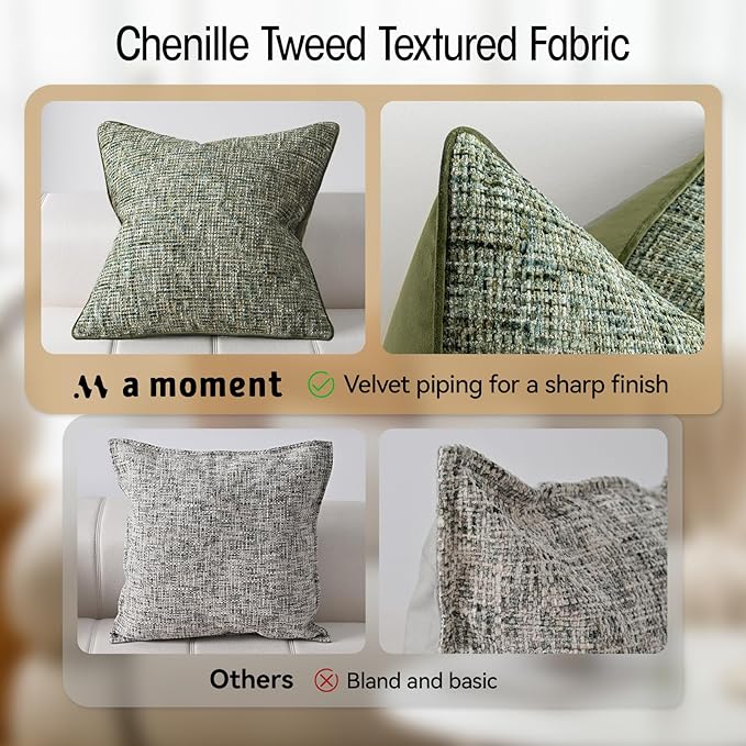 A Moment Christmas Dark Green Reversible Pillow Covers 2 Pack - Farmhouse Chenille Throw Pillows, Neutral Textured Decorative Throw Pillow Covers with Border for Couch Sofa Bed (12x20 Inch, No Insert)